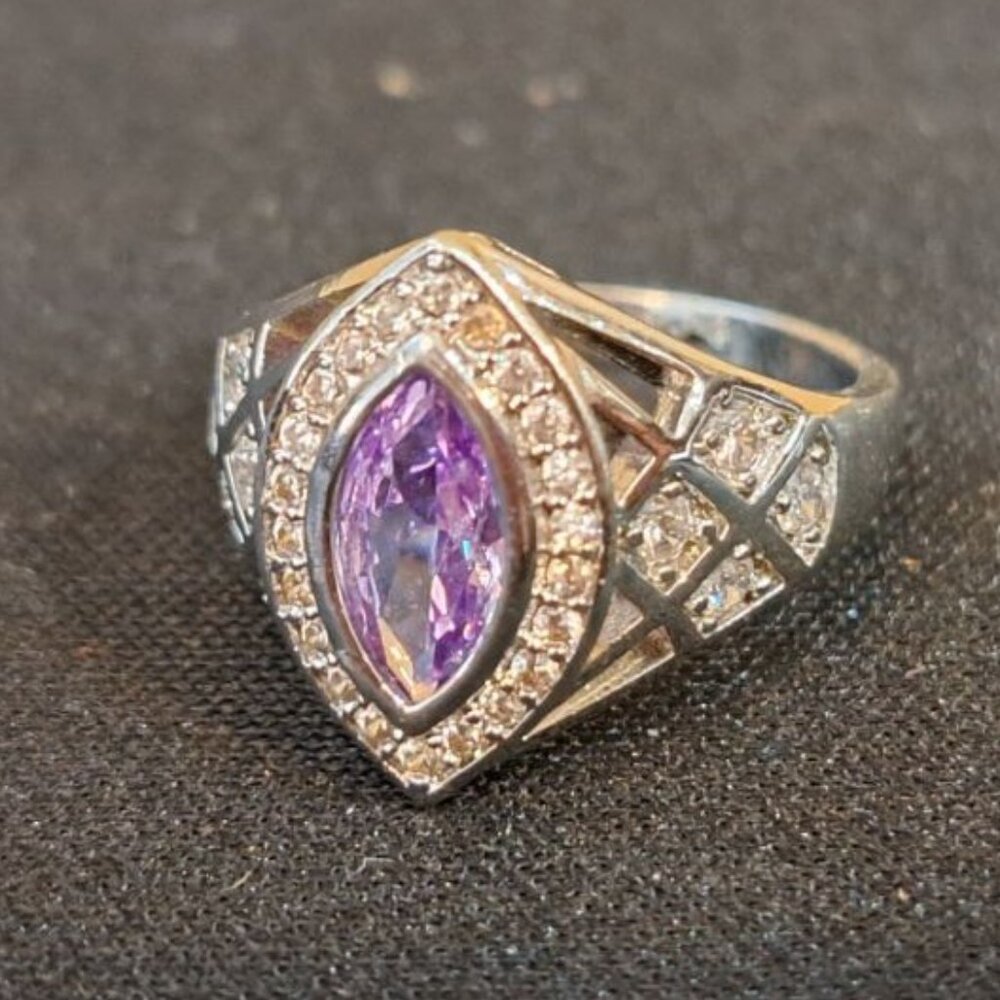 Vintage Silver Tone Amethyst & Rhinestone Ring Size 7 Delicate Style
